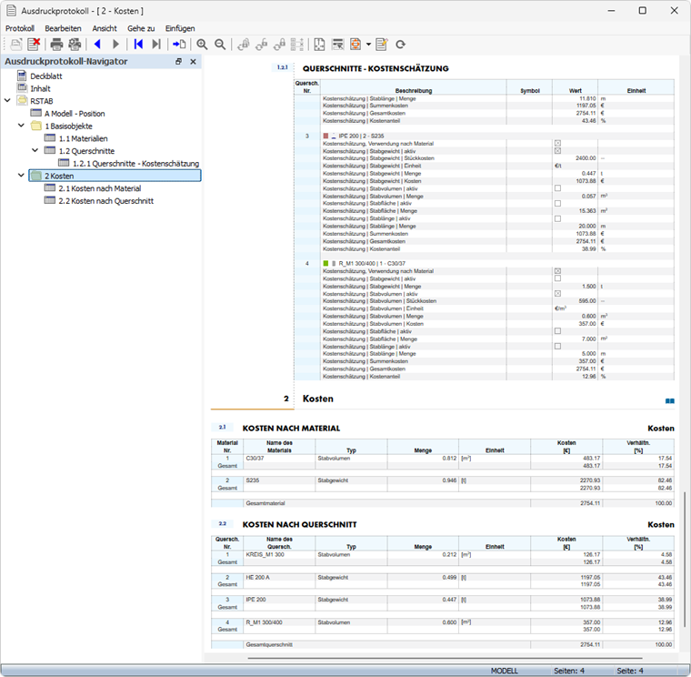Ausdruckprotokoll mit Daten der Kostenschätzung