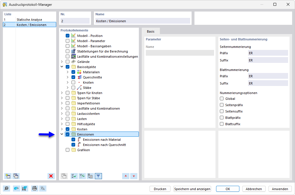 Ausdruckprotokoll-Manager mit Kapiteln für Emissionen