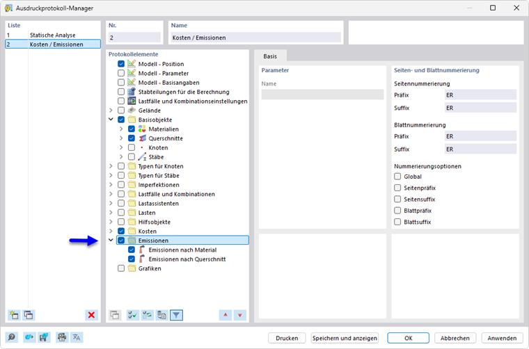 Ausdruckprotokoll-Manager mit Kapiteln für Emissionen