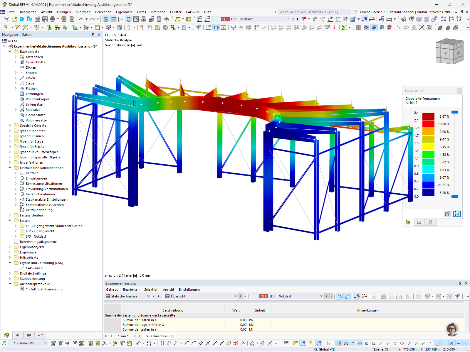 3D-Ansicht der Verformung einer Stahlkonstruktion mit Detailansicht der Belastung.