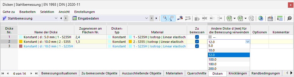 Andere Dicke für Bemessung festlegen