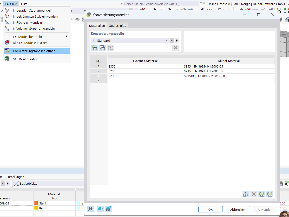 Konvertierungstabelle in RFEM 6
