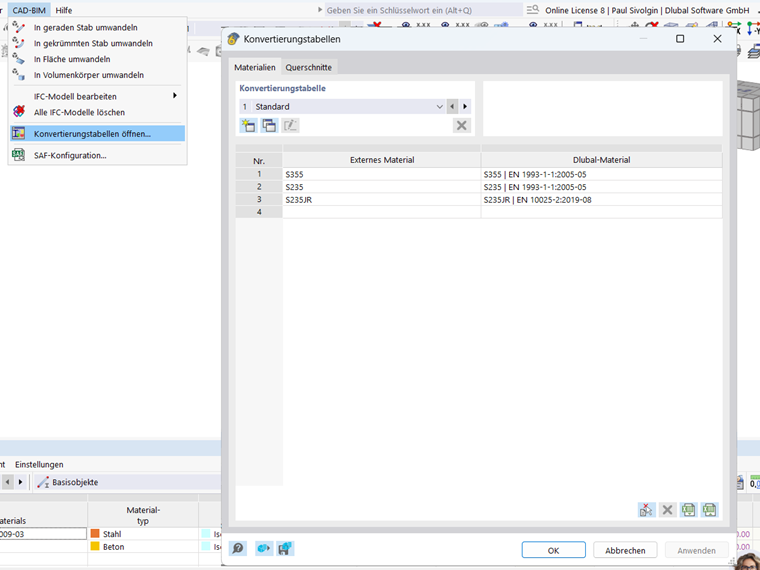 Konvertierungstabelle in RFEM 6