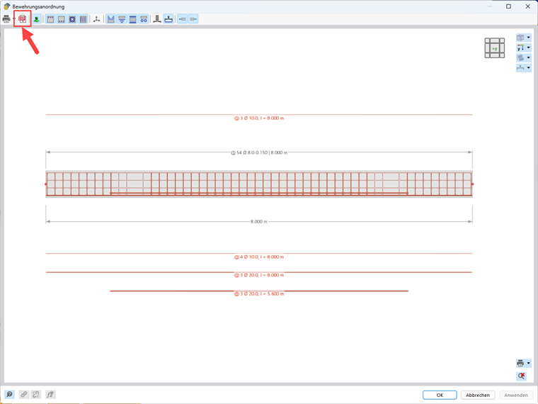2D-Export der Bewehrungsanordnung mit Bewehrungsbeschriftung