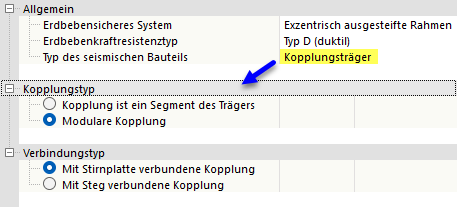 Parameter für Bauteil des Typs 'Kopplungsträger' festlegen