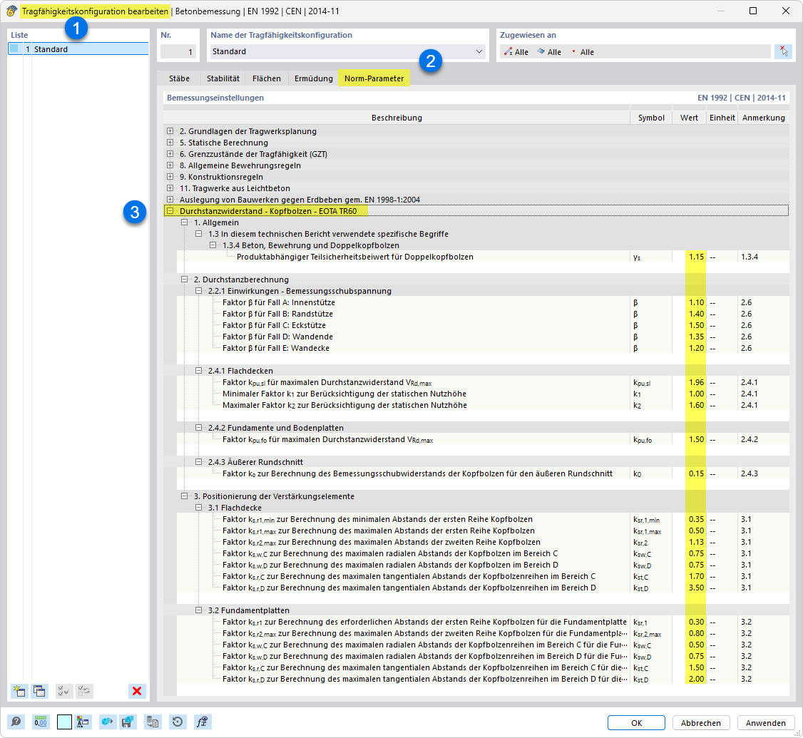 Parameter für Kopfbolzen nach EOTA TR 060 überprüfen