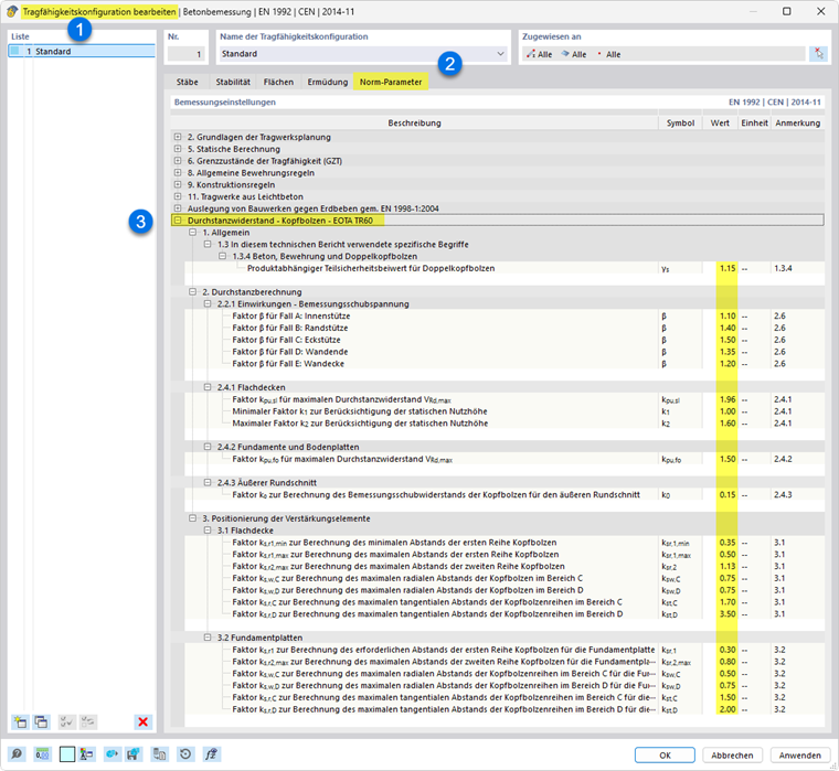 Parameter für Kopfbolzen nach EOTA TR 060 überprüfen