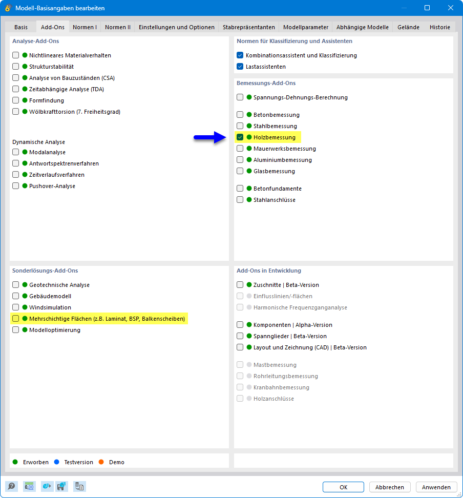 Add-On 'Holzbemessung' aktivieren