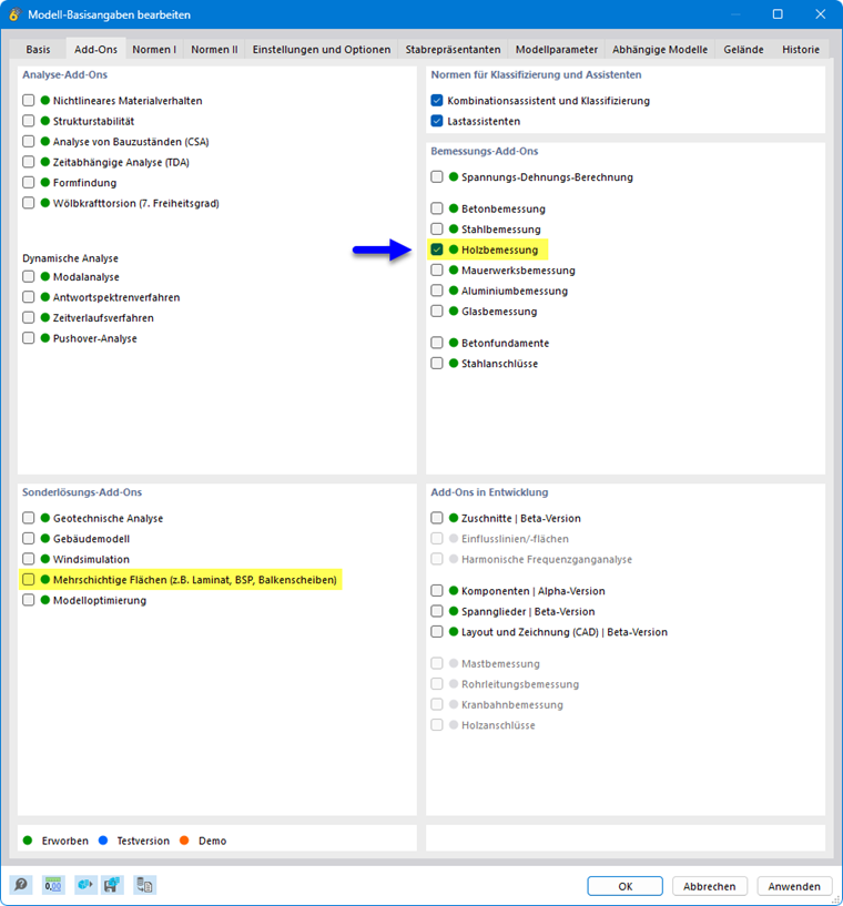 Add-On 'Holzbemessung' aktivieren