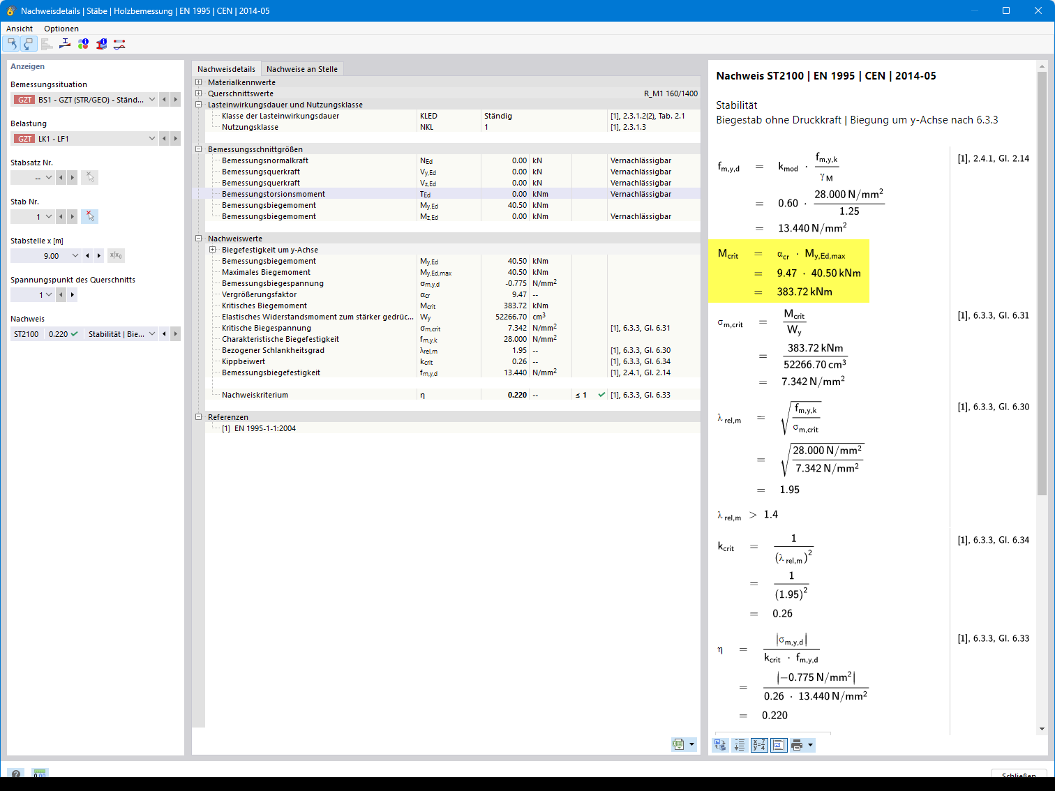 Nachweisdetail mit Ausgabe des kritischen Lastfaktors und des kritischen Biegemomentes