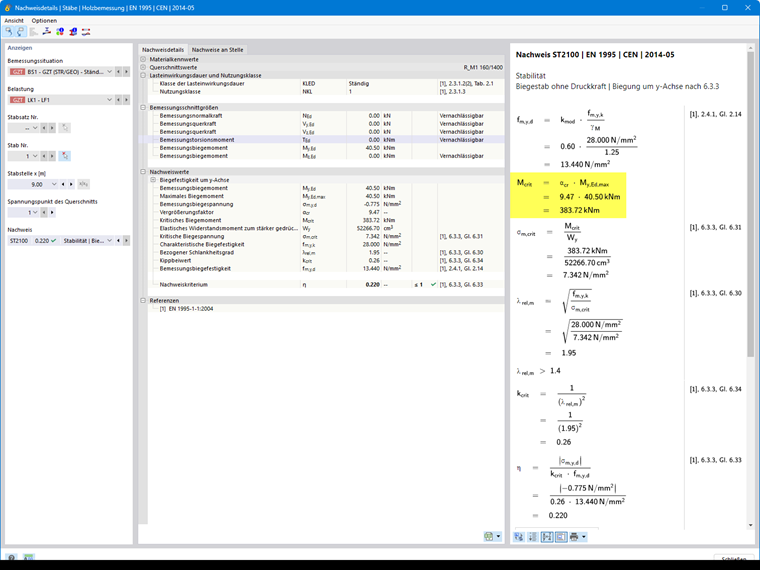 Nachweisdetail mit Ausgabe des kritischen Lastfaktors und des kritischen Biegemomentes