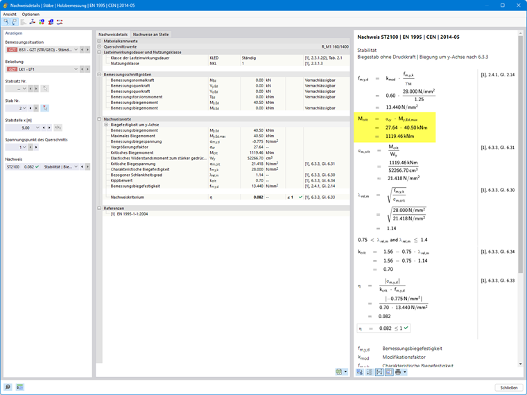 Nachweisdetail mit Ausgabe des kritischen Lastfaktors und des kritischen Biegemomentes des in den Drittelpunkten gehaltenen Trägers