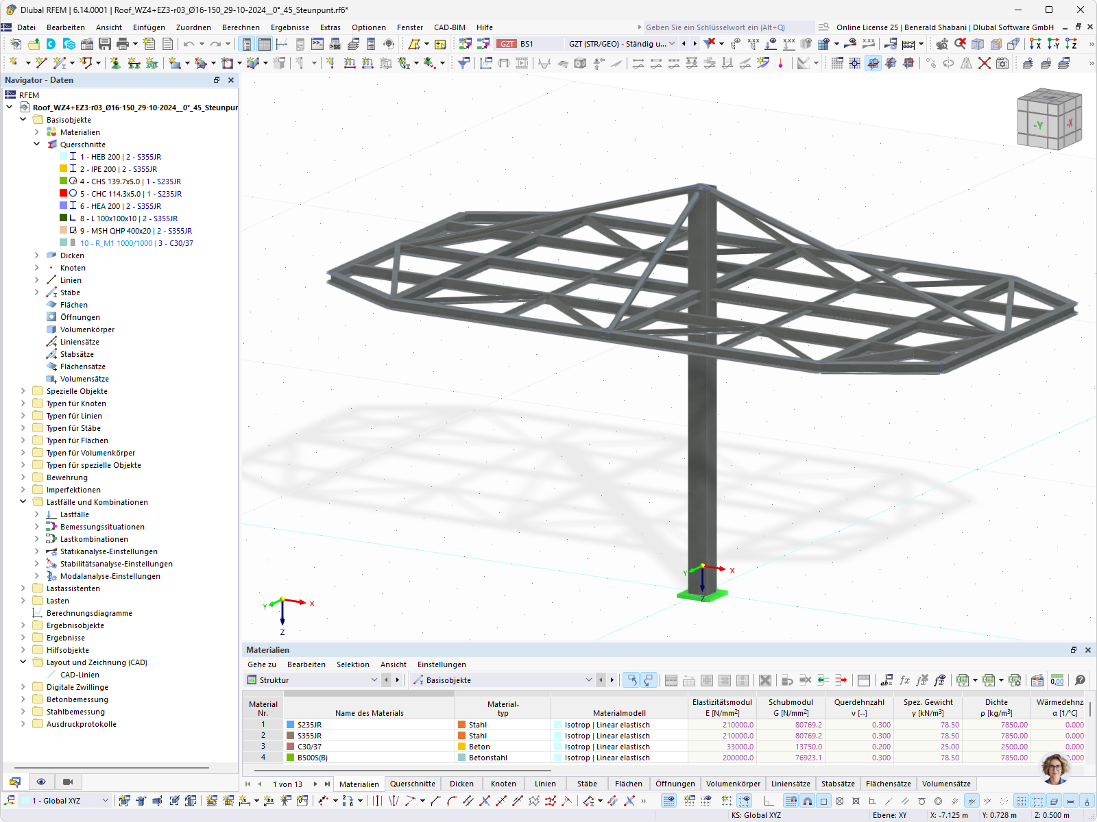RFEM-Modell einer Stahlkonstruktion für eine Ladestation, zeigt strukturelle Details.