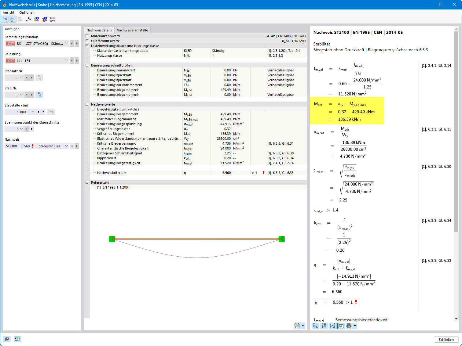 Nachweisdetail mit Ausgabe des kritischen Lastfaktors und des kritischen Biegemomentes