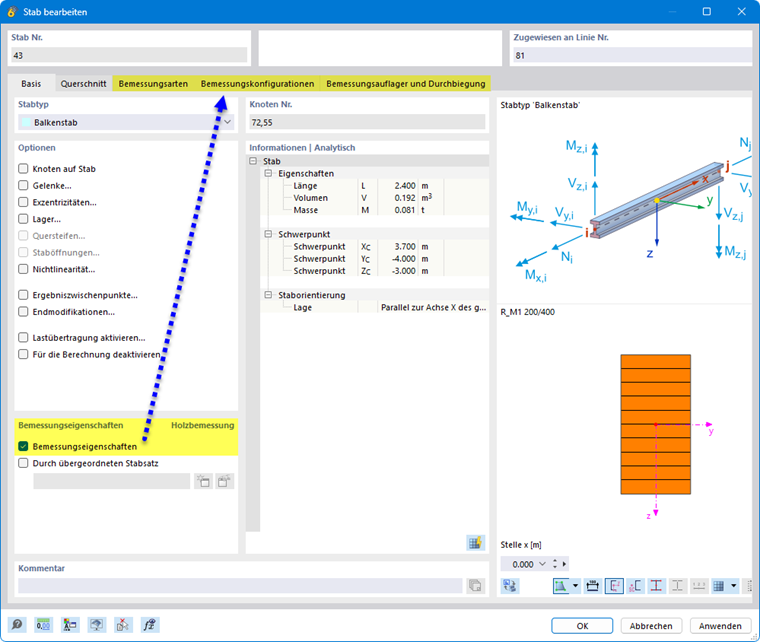Bemessungseigenschaften eines Stabes aktivieren