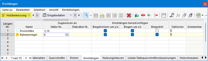 Stab einem Knicklängentyp für Holzbemessung in Tabelle zuweisen