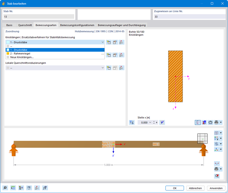 Knicklängentyp einem Stab im Dialog zuweisen