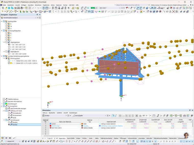 Visualisierung von Windströmungen mit animierten Stromlinien und Punktwolken im 3D-Raum.