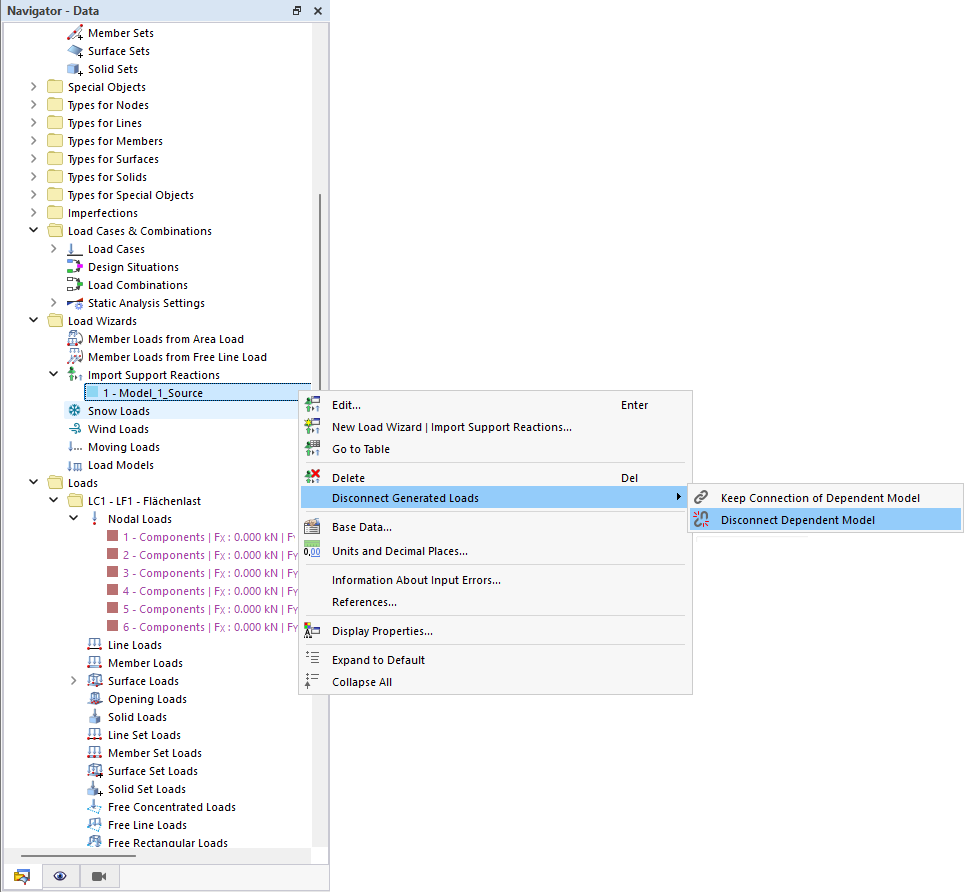 Modellabhängigkeiten nach dem Import von Auflagerreaktionen trennen