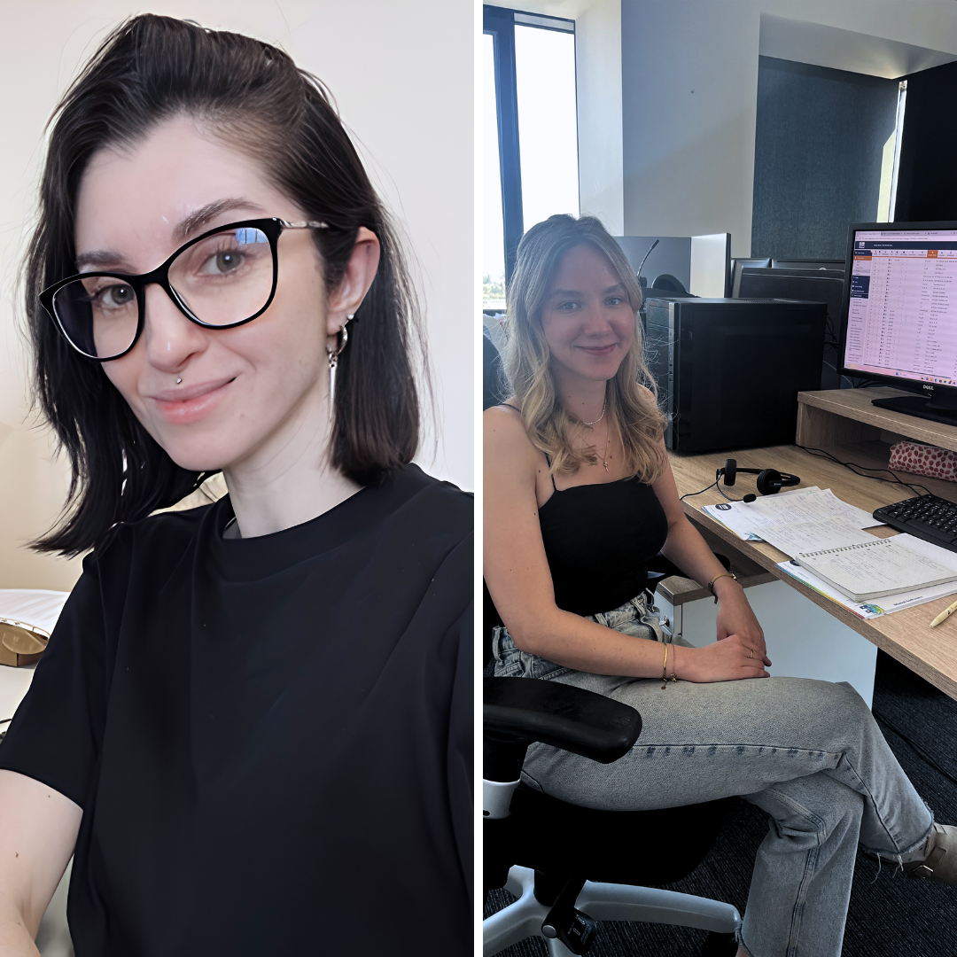 Marina Kulková und Kristína Uhrová, Analystinnen/Testerinnen bei Dlubal Software, dargestellt in einem geteilten Bild mit einem Porträt-Selfie und einer Büroumgebung.