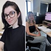 Marina Kulková und Kristína Uhrová, Analystinnen/Testerinnen bei Dlubal Software, dargestellt in einem geteilten Bild mit einem Porträt-Selfie und einer Büroumgebung.