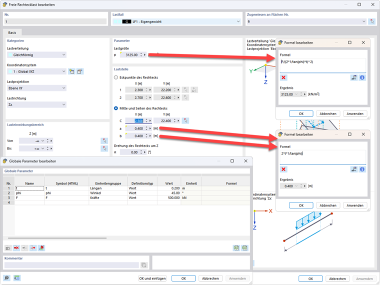 RFEM 6 zeigt die Umwandlung einer Punktlast in eine Flächenlast, um Singularitäten zu vermeiden.