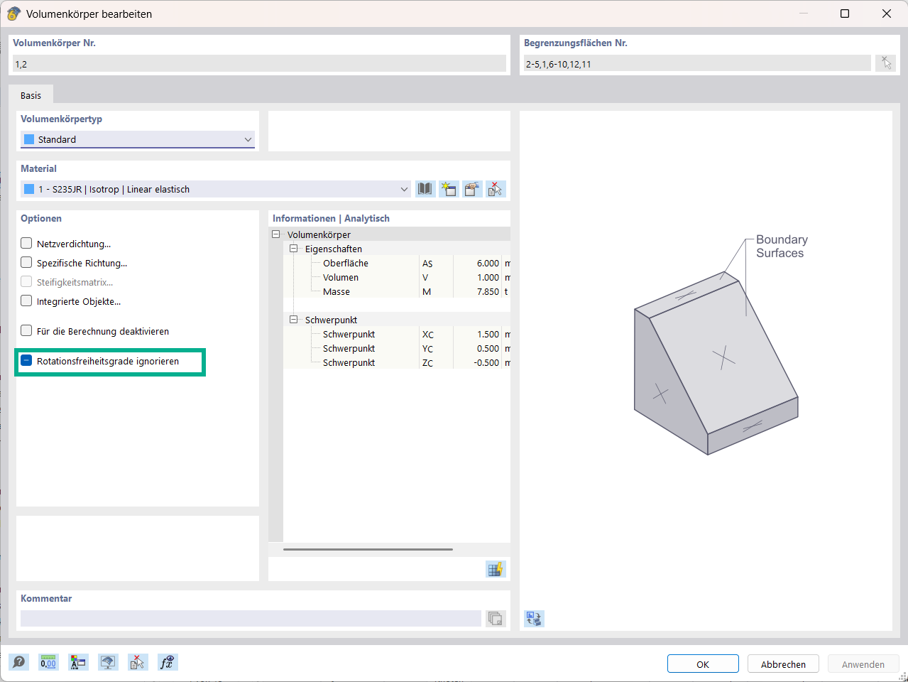 Darstellung der Reduktion von Rotationsfreiheitsgraden bei 3D-Volumenelementen zur Effizienzsteigerung in Simulationen.