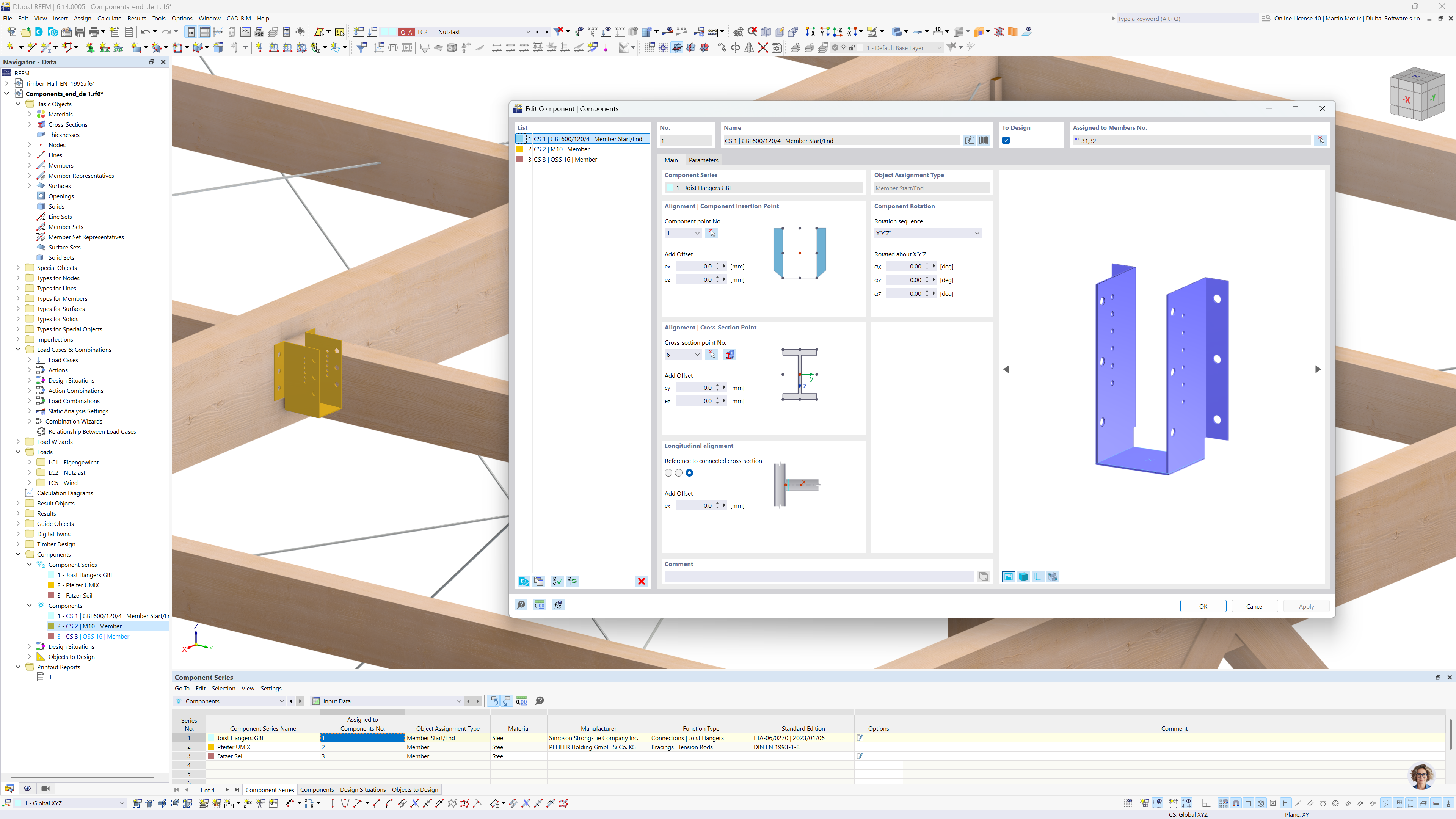 Die RFEM 6-Schnittstelle zeigt ein Dialogfeld zum Bearbeiten von GBE-Balkenschuhen im Add-on „Komponenten“ an.