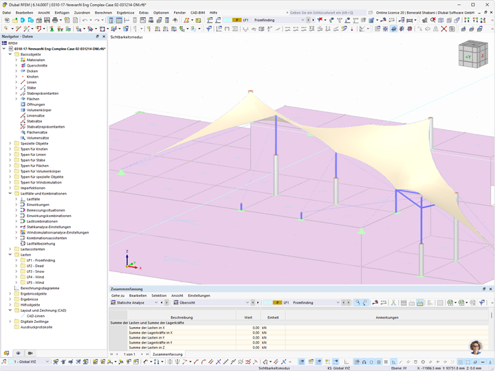 3D-Modell einer einwirkenden Last veranschaulichen Membranüberdachung in statischer Analyse.