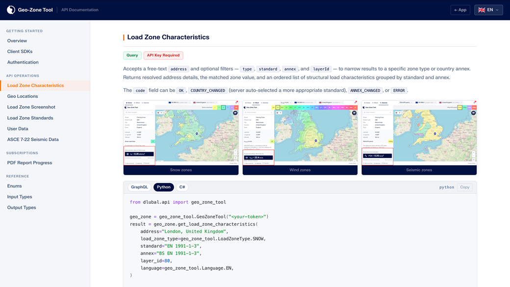 Screenshot der Online-API-Dokumentation des Geo-Zonen-Tools bei Dlubal, der detaillierte Beschreibungen und Programmieranweisungen zeigt.