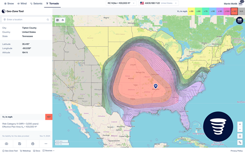 Geo-Zonen-Tool mit einer Karte der Tornado-Zonen in den USA basierend auf regionalen Risikofaktoren.