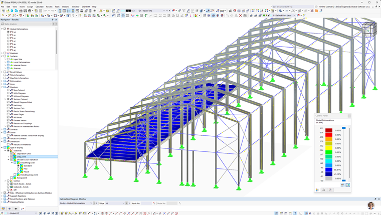 Modell einer zweischiffigen Stahlhalle für die Straßenbahnwartung, erstellt in RFEM 5.
