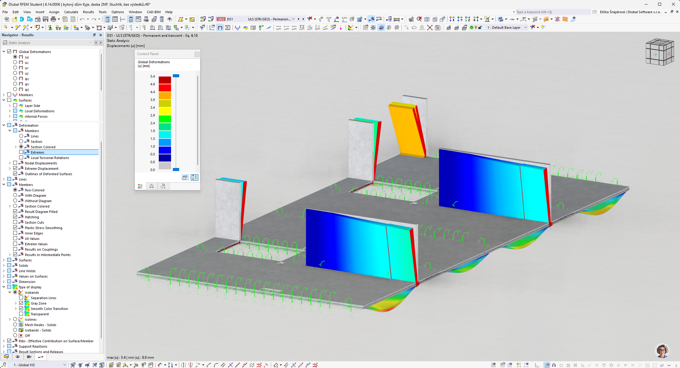 Modell einer Stahlbetondeckenplatte eines Terrassenwohnhauses in RFEM 6, einschließlich der Analyse der Schnittgrößen und der Bemessung der Bewehrung nach Eurocodes.
