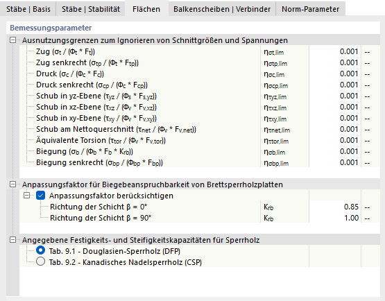 Register 'Flächen' für Holzbemessung nach CSA