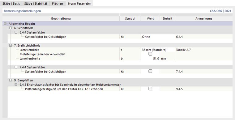 Register 'Norm-Parameter' für Holzbemessung nach CSA