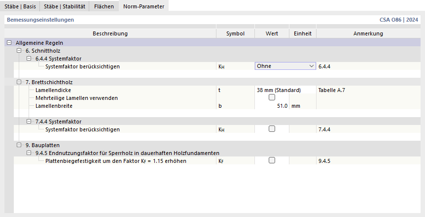 Register 'Norm-Parameter' für Holzbemessung nach CSA