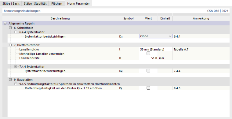 Register 'Norm-Parameter' für Holzbemessung nach CSA