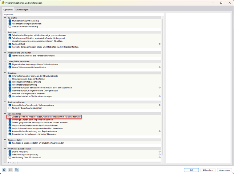 Dialog für die Programmoptionen und Einstellungen