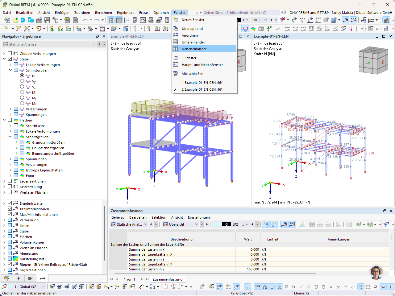 Darstellung zweier Fenster in RFEM 6 zeigt Lastfallbelastung und Normalkräfte nebeneinander.