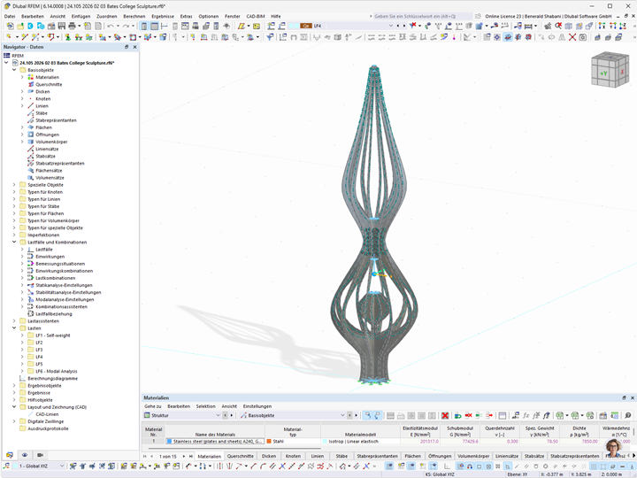 Stahlkonstruktion im RFEM-Modell dargestellt, veranschaulicht die Strukturdetails des Kunstwerks.