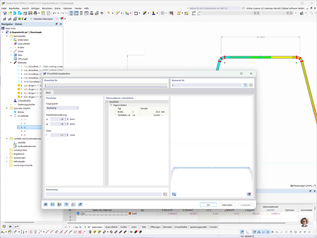 Bearbeitung von Einzelfeldern in RSECTION mit manueller Definition und Einstellung von Lagerungsbedingungen und Feldabmessungen.