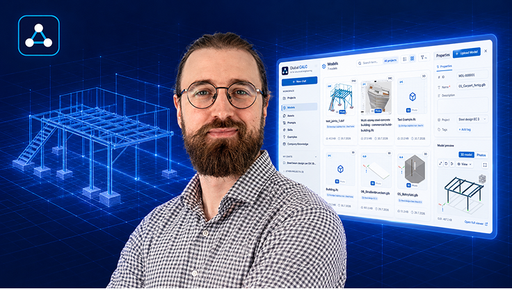 Lächelnder Sprecher, der den Dlubal CALC KI-Chat-Assistenten mit Chat-Oberfläche, Vorschau des Strukturmodells und Arbeitsablauf-Optionen für Bemessungsaufgaben in Stahlbetonbau präsentiert.
