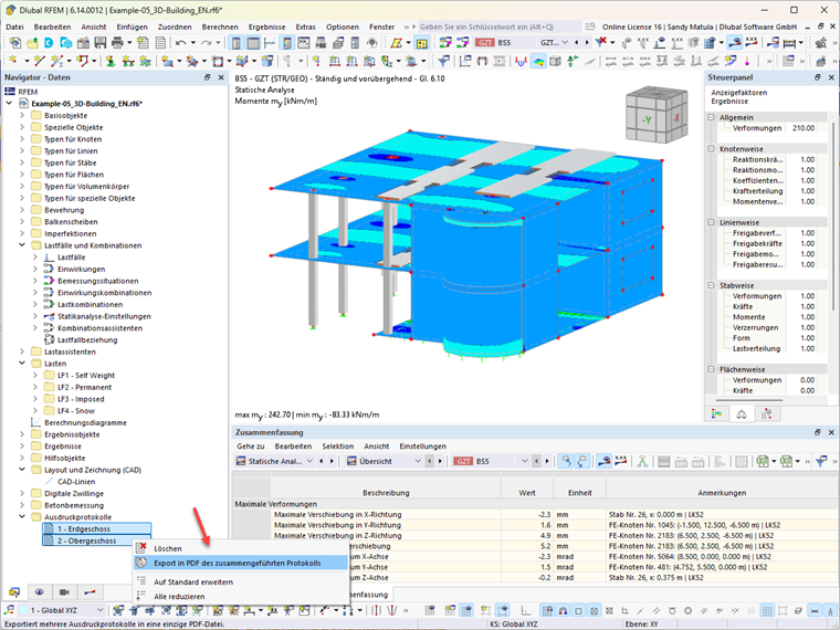 PDF-Exportfunktion für Ausdruckprotokolle in der RFEM-Nutzeroberfläche wird angezeigt.