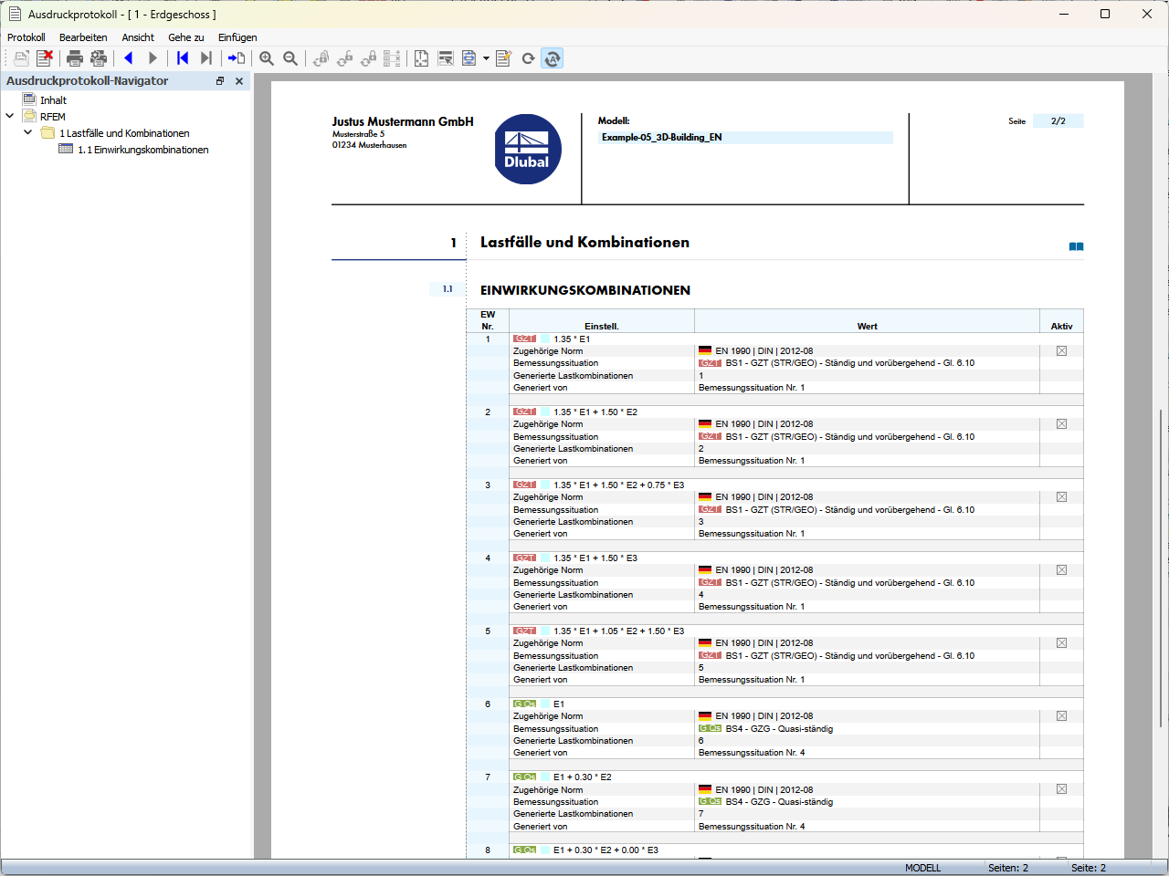 Tabelle mit aktiven und inaktiven Einwirkungskombinationen im Ausdruckprotokoll dargestellt.