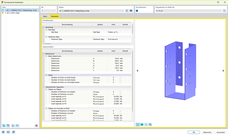 Parameteroptionen zur Komponenteneinstellung im Tab Parameter einer Konstruktionssoftware.