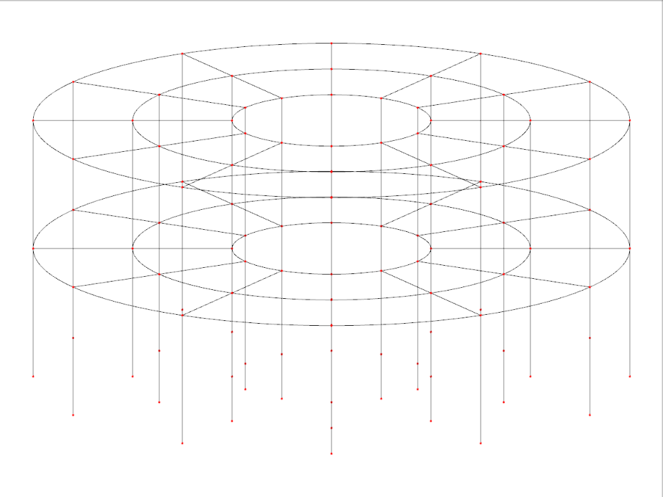 3D-Rastermodell, das eine kreisförmige Gebäudestruktur mit variablen Geschossebenen und Reihenradien darstellt und die architektonischen Gestaltungsmöglichkeiten hervorhebt.
