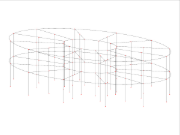 3D-Gittermodell, das eine elliptische Struktur mit variablen Seitenanzahlen und Geschossebenen zeigt.