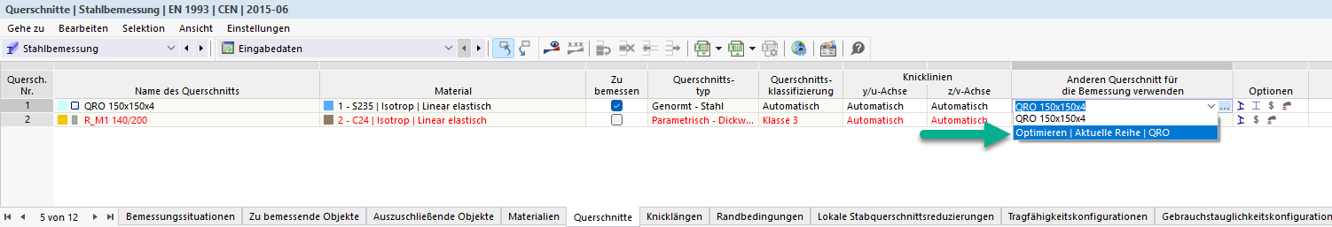 Querschnittsoptimierung der Bemessungs-Add-Ons