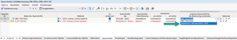 Querschnittsoptimierung der Bemessungs-Add-Ons