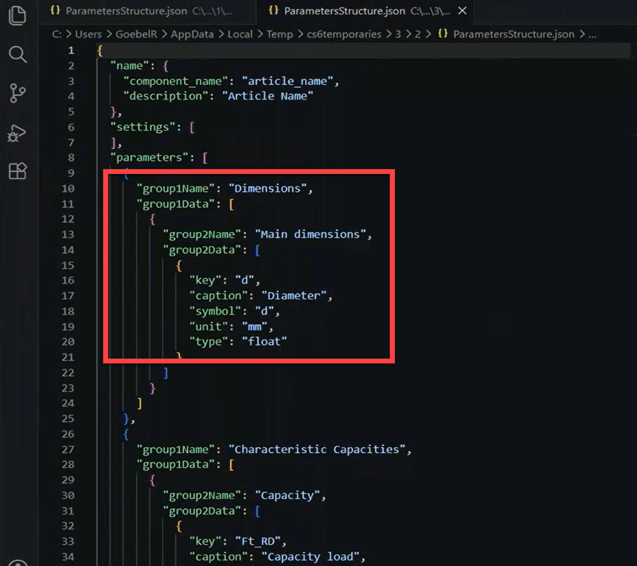 Dateistruktur mit JSON-Parameter für individualisierte Komponenten.